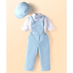 Babyhug Woven Full Sleeves Party Wear Shirt With Dungaree Suspendors & Cap -  Light Blue