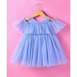 Babyhug Woven Cold Shoulder Sleeves Glitter Printed Fit & Flared Party Frock with Frill Detailing - Light Blue