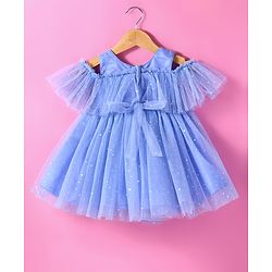 Babyhug Woven Cold Shoulder Sleeves Glitter Printed Fit & Flared Party Frock with Frill Detailing - Light Blue