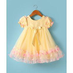 Babyhug Woven Half Puffed Sleeves Fit & Flared Party Dress with 3D Butterfly Applique & Bow Detailing - Yellow