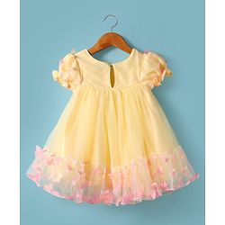 Babyhug Woven Half Puffed Sleeves Fit & Flared Party Dress with 3D Butterfly Applique & Bow Detailing - Yellow