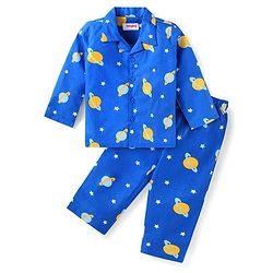 Babyhug Cotton Woven Full Sleeves Night Suit Space Theme Print - Blue