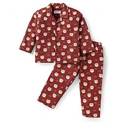 Babyhug Cotton Woven Full Sleeves Front Open Night Suit With Bear Print - Maroon