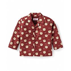 Babyhug Cotton Woven Full Sleeves Front Open Night Suit With Bear Print - Maroon