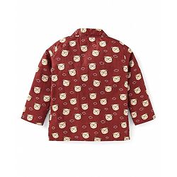 Babyhug Cotton Woven Full Sleeves Front Open Night Suit With Bear Print - Maroon