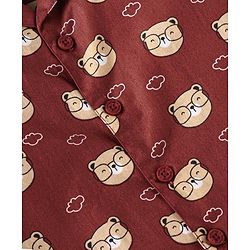 Babyhug Cotton Woven Full Sleeves Front Open Night Suit With Bear Print - Maroon