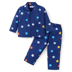 Babyhug Cotton Woven Full Sleeves Night Suit with Star Print - Navy Blue