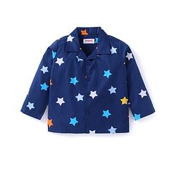 Babyhug Cotton Woven Full Sleeves Night Suit with Star Print - Navy Blue