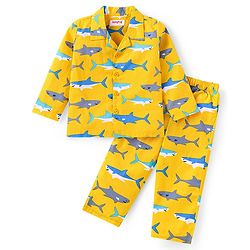 Babyhug Cotton Woven Full Sleeves Front Open Collared Night Suit Whale Print - Mustard