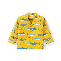 Babyhug Cotton Woven Full Sleeves Front Open Collared Night Suit Whale Print - Mustard