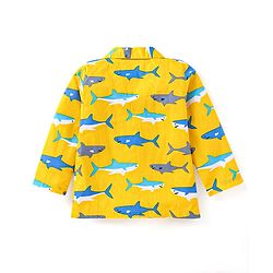 Babyhug Cotton Woven Full Sleeves Front Open Collared Night Suit Whale Print - Mustard