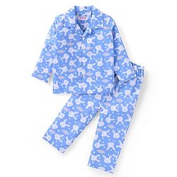 Babyhug Cotton Woven Full Sleeves Front Open Night Suit With Bunnies Print - Blue