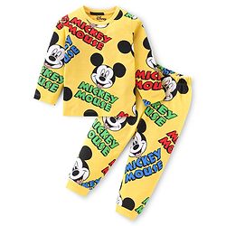 Babyhug Disney Single Jersey Knit Full Sleeves Night Suit with Mickey Mouse Graphics - Yellow