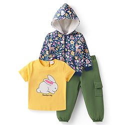 Babyhug Terry Knit Half Sleeves Bunny Printed Top & Lounge Pant With Floral Printed Hooded Sweat Jacket - Yellow