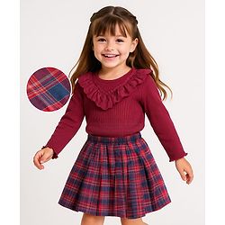 Babyhug Cotton Knit Full Sleeves Ribbed Top & Checkered Skirt Set - Maroon