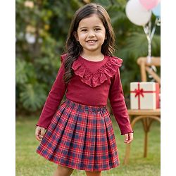 Babyhug Cotton Knit Full Sleeves Ribbed Top & Checkered Skirt Set - Maroon