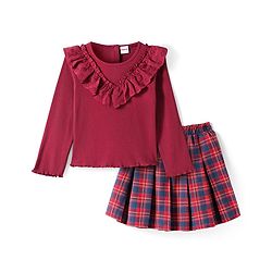 Babyhug Cotton Knit Full Sleeves Ribbed Top & Checkered Skirt Set - Maroon