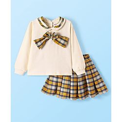 Babyhug Terry Knit Full Sleeves Top & Checkered Skirt Set With Bow Applique - White