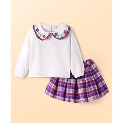 Babyhug Terry Knit Full Sleeves Top & Checkered Skirt Set With Floral Embroidery & Peter Pan Collar - White & Purple