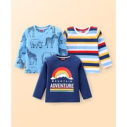 Babyhug Cotton Knit Full Sleeves Striped Animal & Text Graphics T-Shirts Pack of 3 - Blue & Navy Blue