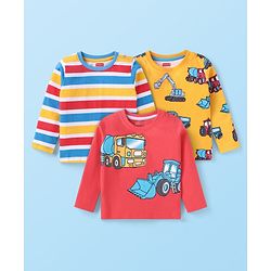 Babyhug Cotton Knit Full Sleeves Striped & Vehicles Printed T-Shirts Pack of 3 - Red Yellow & Blue