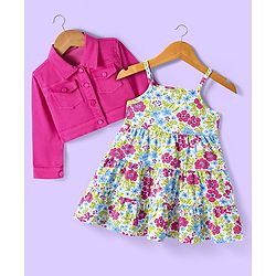 Babyhuhg Cotton Knit Full Sleeves Solid Colour Jacket with Floral Printed Tiered Frock - White & Dark Pink