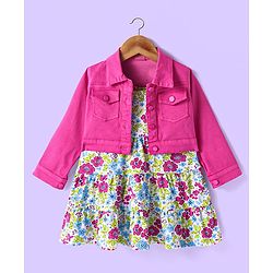 Babyhuhg Cotton Knit Full Sleeves Solid Colour Jacket with Floral Printed Tiered Frock - White & Dark Pink