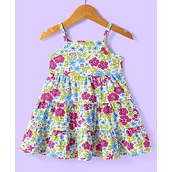 Babyhuhg Cotton Knit Full Sleeves Solid Colour Jacket with Floral Printed Tiered Frock - White & Dark Pink