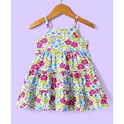 Babyhuhg Cotton Knit Full Sleeves Solid Colour Jacket with Floral Printed Tiered Frock - White & Dark Pink