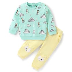 Babyhug Terry Knit Full Sleeves Puppy Printed T-Shirt & Jogger Set - Blue & Cream