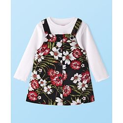 Babyhug Cotton Woven Frock & Full Sleeves Inner Tee With Floral Print - White
