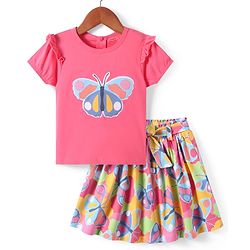 Babyhug Single Jersey Knit Half Puffed Sleeves Butterfly Printed Top & Skirt Set - Pink