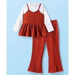 Babyhug Cotton Knit Full Sleeves Solid Colour Top & Leggings Set With Frock - Rust Orange