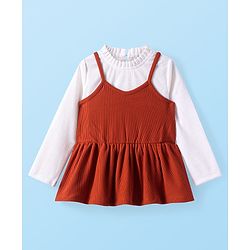 Babyhug Cotton Knit Full Sleeves Solid Colour Top & Leggings Set With Frock - Rust Orange