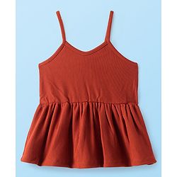 Babyhug Cotton Knit Full Sleeves Solid Colour Top & Leggings Set With Frock - Rust Orange