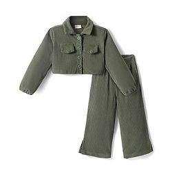 Babyhug Cotton Knit Full Sleeves Solid Colour Shirt & Legging Set - Olive Green