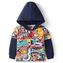 Babyhug Cotton Knit Full Sleeves Hooded T-Shirt With Text Print - Navy Blue