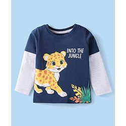 Babyhug Cotton Knit Full Doctor Sleeves T-Shirt with Tiger Print - Navy Blue
