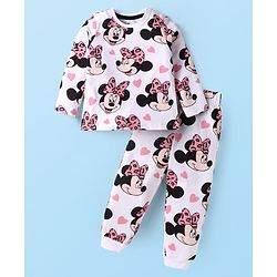 Babyhug Disney Single Jersey Knit Full Sleeves Nightsuit  With Minnie Mouse Graphics - White & Pink