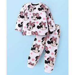Babyhug Disney Single Jersey Knit Full Sleeves Nightsuit  With Minnie Mouse Graphics - White & Pink