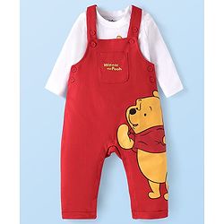 Babyhug Disney Single Jersey Knit Dungaree & Full Sleeves T-Shirt With Winnie The Pooh Graphics - Red & White