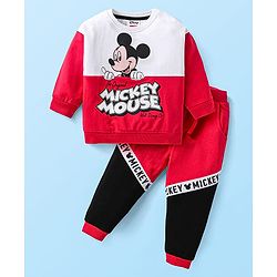 Babyhug Disney Terry Knit Full Sleeves Cut & Sew Mickey Mouse Printed T-Shirt & Track Pant with Patch & Tape Detailing - Red White & Black