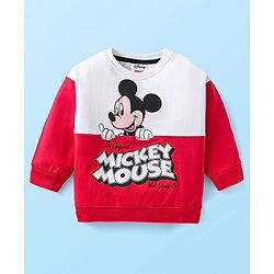 Babyhug Disney Terry Knit Full Sleeves Cut & Sew Mickey Mouse Printed T-Shirt & Track Pant with Patch & Tape Detailing - Red White & Black
