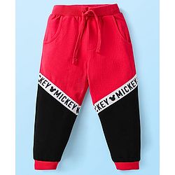 Babyhug Disney Terry Knit Full Sleeves Cut & Sew Mickey Mouse Printed T-Shirt & Track Pant with Patch & Tape Detailing - Red White & Black