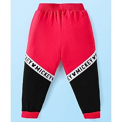 Babyhug Disney Terry Knit Full Sleeves Cut & Sew Mickey Mouse Printed T-Shirt & Track Pant with Patch & Tape Detailing - Red White & Black