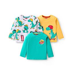 Babyhug Cotton Knit Full Sleeves Dino Graphics T-shirts Pack of 3 - Yellow & Blue