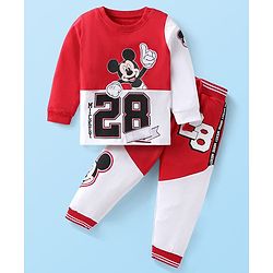 Babyhug Disney Single Jersey Knit Full Sleeves Cut & Sew Mickey Mouse Printed T-Shirt & Track Pant with Patch & Tape Detailing - Red
