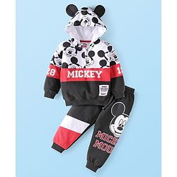 Babyhug Disney Terry Knit Full Sleeves Hooded Sweatshirt & Lounge Pant Set With Mickey Mouse Graphics & Ear Applique - Black White & Red