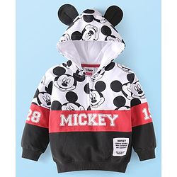 Babyhug Disney Terry Knit Full Sleeves Hooded Sweatshirt & Lounge Pant Set With Mickey Mouse Graphics & Ear Applique - Black White & Red