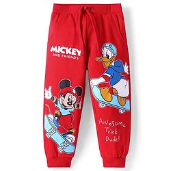 Babyhug Disney Terry Knit Full Length Lounge Pant with Mickey Mouse Graphics - Red